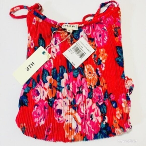 H.I.P. Womens Pink Floral Cold Shoulder Short Sleeve Crinkle Blouse Sz XS New - Picture 7 of 9